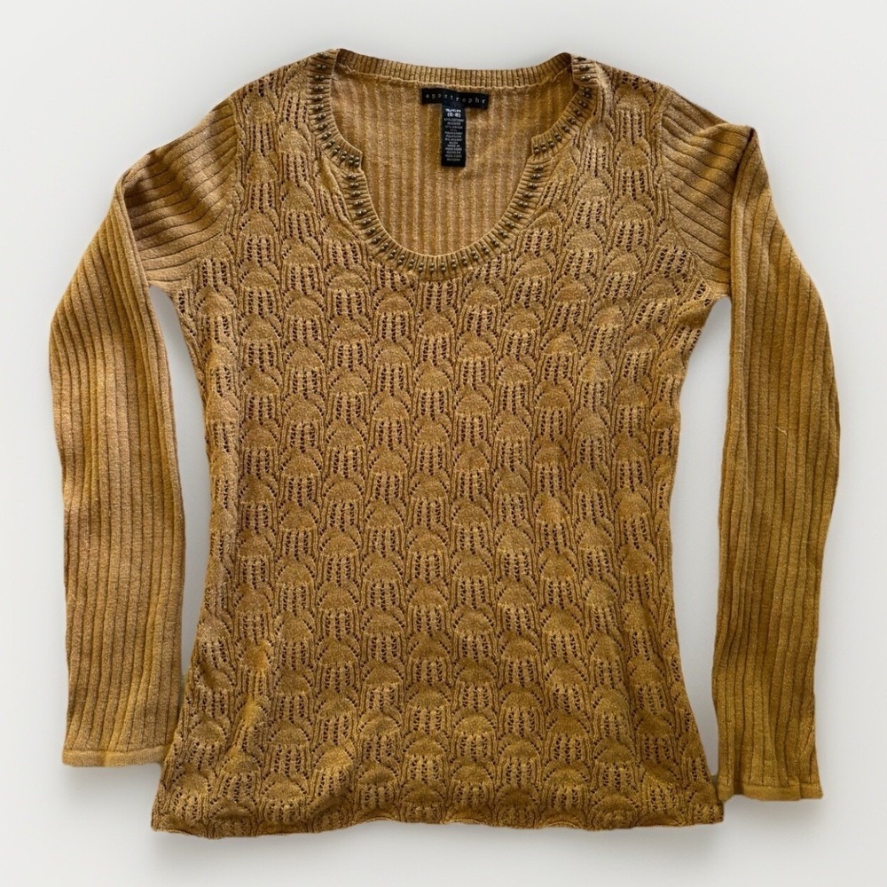Apostrophe Pointelle Knit Sweater Womens Small Gold Studded Metallic Boho Ribbed